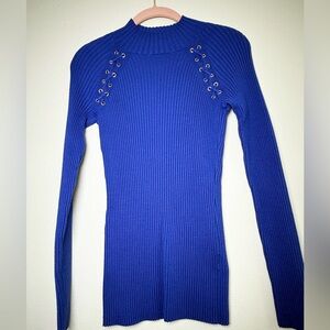 INC International Concepts Cobalt  Ribbed Lace-Up Sweater